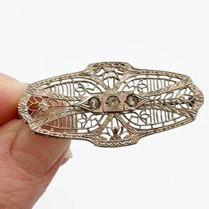 Art Deco Brooch, Filagree, Rhodium Plated, Edwardian, 20s, 30s, Silver, Antique